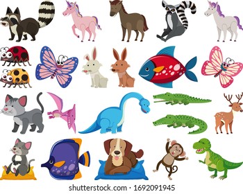 Large set of wild animals on white background illustration