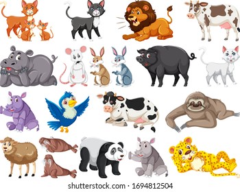 Large set of wild animals on white background illustration
