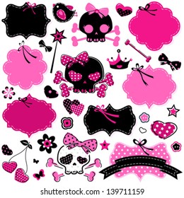 large set of wild girlish cute skulls and other elements