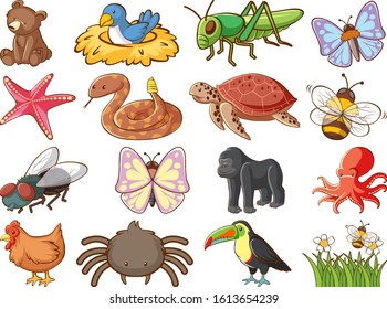Large set of wildlife with many types of animals on white background illustration