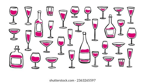 Un gran surtido de copas de vino y botellas en forma de doodle. Vino rojo