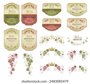 Large set of wine labels. Vector set of  labels for wine, bunches of grapes and crown. Design of the wine logo. Vector illustration.