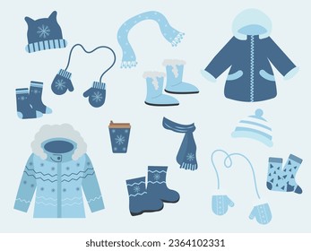 A large set of winter and autumn clothes for women and men. In blue and blue colors, jackets, socks, scarf, mittens and winter shoes. Vector illustration.