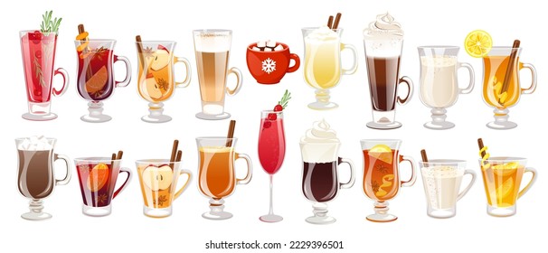 A large set of winter, hot drinks.Mulled wine,hot chocolate,cocoa,latte,bicerin,grog,apple punch,cranberry mimosa,eggnog,hot teddy,etc.Christmas drinks.