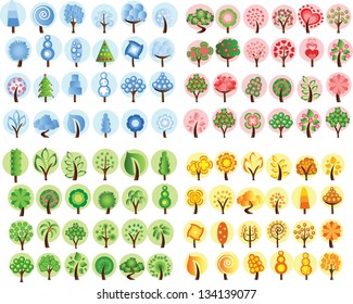 Large set of winter, spring, autumn, summer trees, the vector