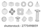 Large set of wireframe 3D geometric primitives including spheres, cubes, pyramids, tori, and a classical column for digital modeling design work.