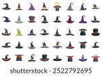 Large set of wizard, witch and magician hats covering many styles, from tall pointed hats to small and wide brimmed hats