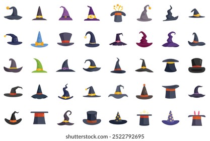 Large set of wizard, witch and magician hats covering many styles, from tall pointed hats to small and wide brimmed hats