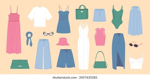 Grande conjunto de ropa de mujer. Ropa de mujer de verano, bolsos, gafas de sol. Vestidos, tops, falda vaquera, shorts, gafas de sol. Ilustraciones vectoriales planas de color aisladas sobre fondo.