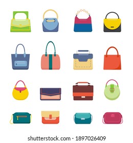 Large set of women's bags isolated on white background. Stylish, fashionable, colorful women's bags of various shapes. Cartoon style. Vector illustration in flat style