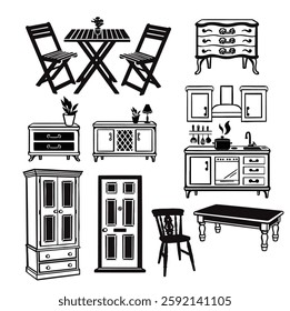 Large set of wooden furniture for home and garden, black monochrome vector