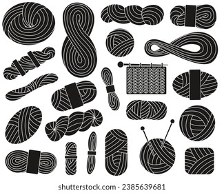 Large set of yarn black line set for crocheting, knitting needles in doodle. . Spool and bobbin outline. Dressmaking needlework tools.