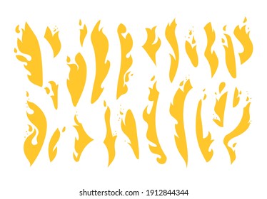 Un gran conjunto de llamas amarillas. Colección de varias formas de fuego. Silhouettes dibujado a mano de una llamativa fogata. Ilustración vectorial aislada en fondo blanco.