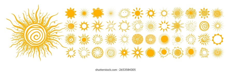 Grande conjunto de sóis amarelos. Os objetos do sol são lindos desenhados à mão. Não AI, ilustração Vetorial.