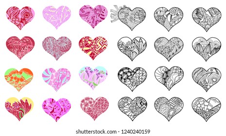 Large set of  zentangle heart  with abstract floral pattern inside. Design element for Valentines day. Adult coloring book page. Black and white.
