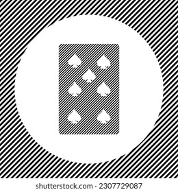 A large seven of spades playing card in the center as a hatch of black lines on a white circle. Interlaced effect. Seamless pattern with striped black and white diagonal slanted lines