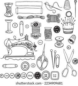 A large sewing kit,sewing machine and scissors,needles and thread,for children's coloring and your design