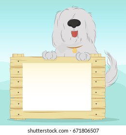 Large, shaggy dog breed Bobtail on a blue background holding a wooden surface. Blank document for your text. Vector illustration