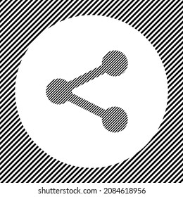 A large share symbol in the center as a hatch of black lines on a white circle. Interlaced effect. Seamless pattern with striped black and white diagonal slanted lines