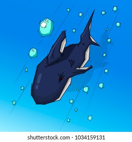 large shark swims in the water with bubbles