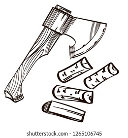 Large sharp ax with chopped firewood. Vector black and white drawing.