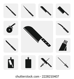 Large sharp cleaver knife flat web icon. Santoku cleaver knife sign silhouette. Cleaver solid black icon vector design. Santoku cleaver cartoon clipart. Kitchen utensils icon set. Cooking tools knives