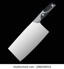 Grosses, scharfes Spaltmesser einzeln auf schwarzem Hintergrund, Vektorgrafik, Koch-Messer, Farbsymbol