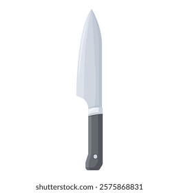 Large sharp kitchen knife pointing upwards with a black handle isolated on a white background