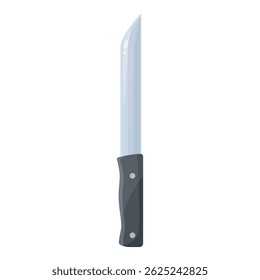 Large sharp kitchen knife pointing upwards with a black handle on a white background
