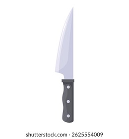 Large sharp kitchen knife pointing up with a black handle isolated on a white background