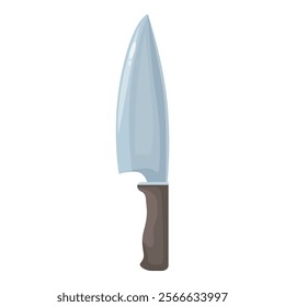 Large sharp kitchen knife with a wooden handle pointing upwards