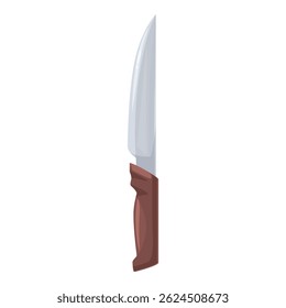 Large sharp kitchen knife with a wooden handle is standing upright on a white background