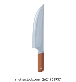 Large sharp kitchen knife with a wooden handle is pointing up against a white background