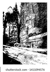 It is large shelf of rock present in the Canadian shore near Niageria falls where you can find water rushing over horseshoe falls  vintage line drawing.