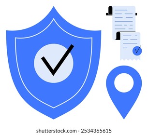 Large shield with checkmark, document with checkmark, and location marker meaningful clipart. Ideal for security, verification, privacy, location services, data protection. Simple flat style