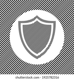 A large shield symbol in the center as a hatch of black lines on a white circle. Interlaced effect. Seamless pattern with striped black and white diagonal slanted lines
