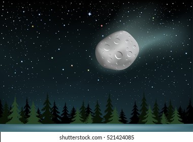 The large shining meteorite on stars background falling over the night wood