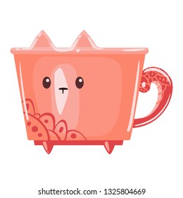 A large shiny mug in the shape of a cat with a pattern and a tail-shaped handle. Simple decorative style, pink-red color. Cartoon cup with cat's muzzle, ears, paws and tail. Vector illustration.