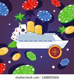 Large ship, luxury passenger vessel, casino, gambling game on water, game chips, flat vector illustration. Tropical vacation, sea, ocean. Money business, gold coin, four ace, gambling establishment.