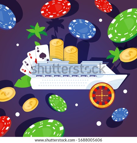 Large ship, luxury passenger vessel, casino, gambling game on water, game chips, flat vector illustration. Tropical vacation, sea, ocean. Money business, gold coin, four ace, gambling establishment.