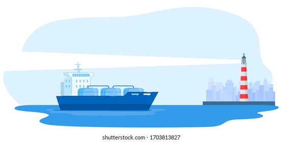 Large ship moor in city, lighthouse, urban background, industry concept banner, flat vector illustration, isolated on white. Industrial place, ship carrying oil, petrol, gas, industry production.