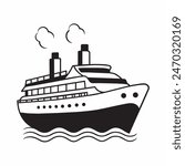 A large ship is sailing on the ocean. The ship is black and white. The sky is cloudy
