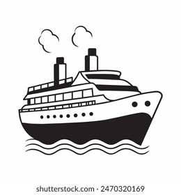 A large ship is sailing on the ocean. The ship is black and white. The sky is cloudy