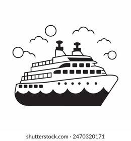 A large ship is sailing on the ocean. The ship is black and white. The sky is cloudy