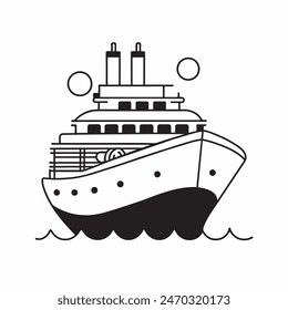 A large ship is sailing on the ocean. The ship is black and white. The sky is cloudy