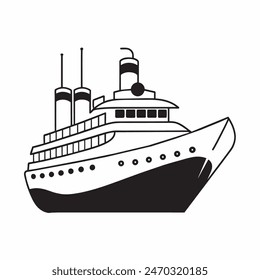 A large ship is sailing on the ocean. The ship is black and white. The sky is cloudy