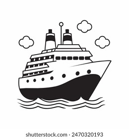 A large ship is sailing on the ocean. The ship is black and white. The sky is cloudy