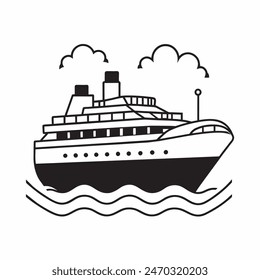 A large ship is sailing on the ocean. The ship is black and white. The sky is cloudy