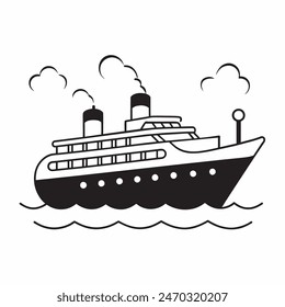 A large ship is sailing on the ocean. The ship is black and white. The sky is cloudy