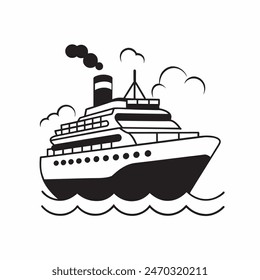 A large ship is sailing on the ocean. The ship is black and white. The sky is cloudy